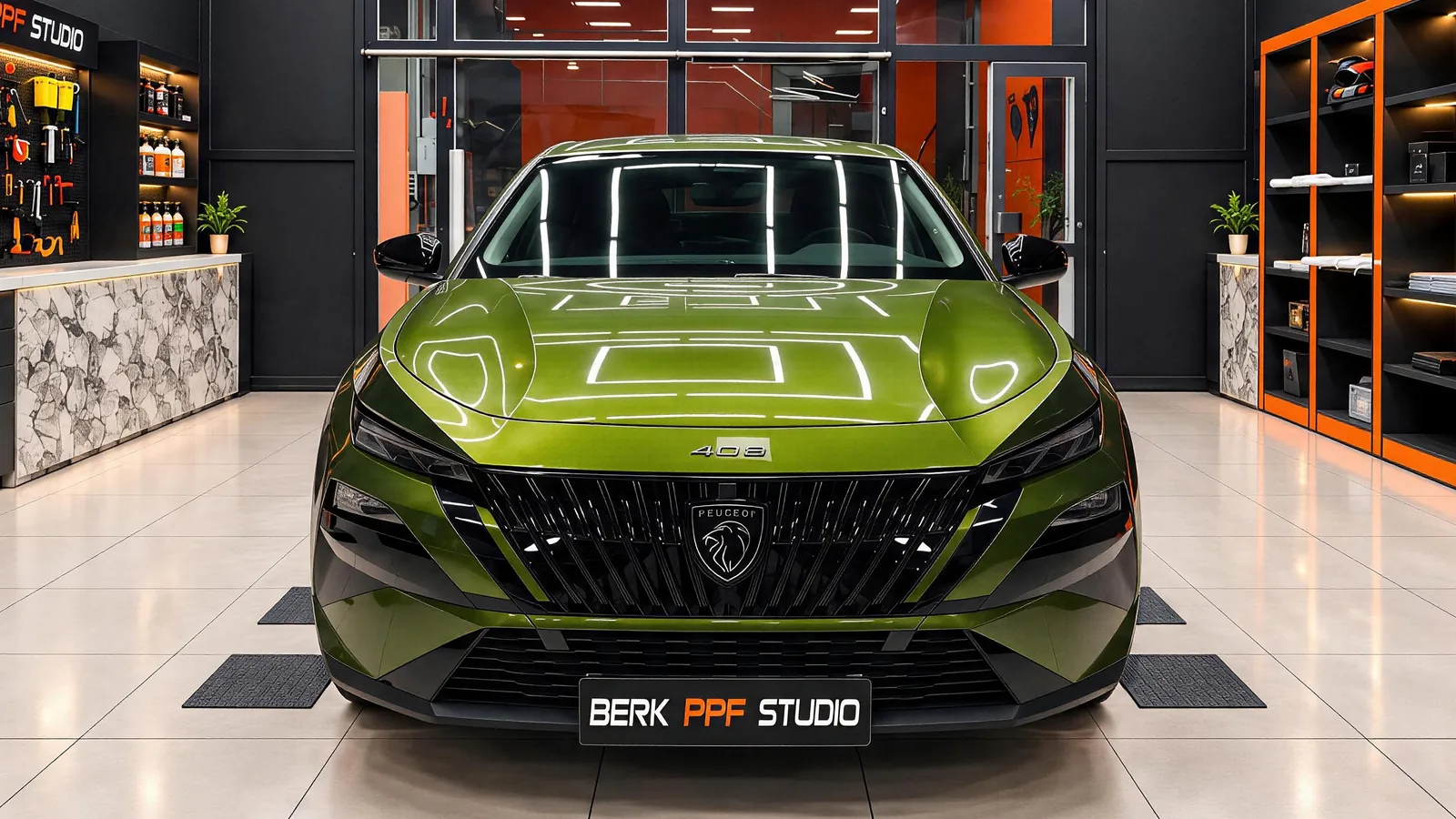 Berk PPF Studio’da PPF kaplaması tamamlanmış yeşil Peugeot 408, derin parlak boya